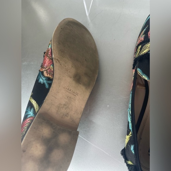 ZARA BASIC Black Orange Green Blue Floral Brocade fabric Fringe Loafers 41 - Picture 7 of 8